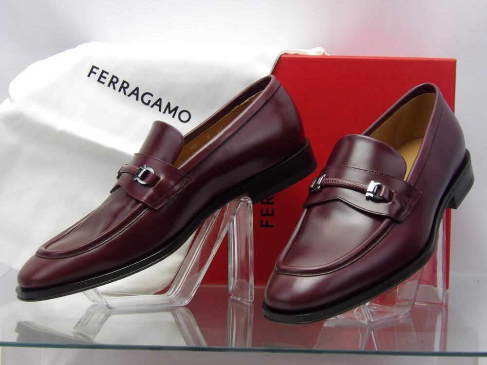 NIB FERRAGAMO BURGUNDY LEATHER DESMOND GANCINI BIT LOGO LOAFERS 9.5 EE ITALY